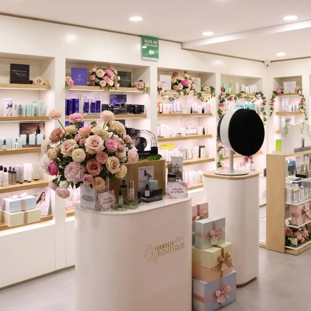 Productos dermatológicos en ambiente floral